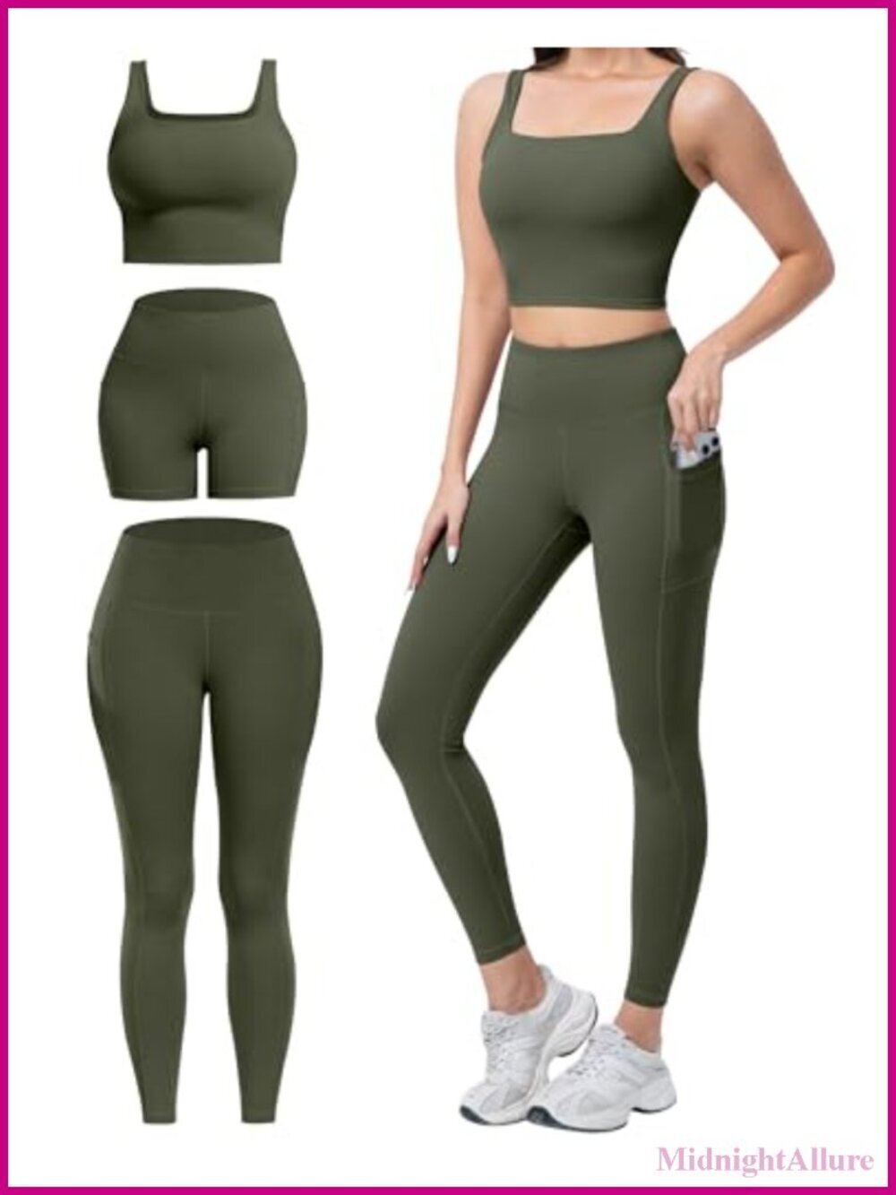 3 Piece Workout Set High Waisted Leggings with Pockets Biker Shorts Sports Bra